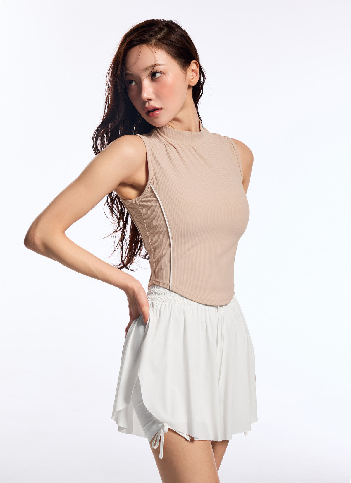 Soft Ribbed Piping Mock Neck Sleeveless