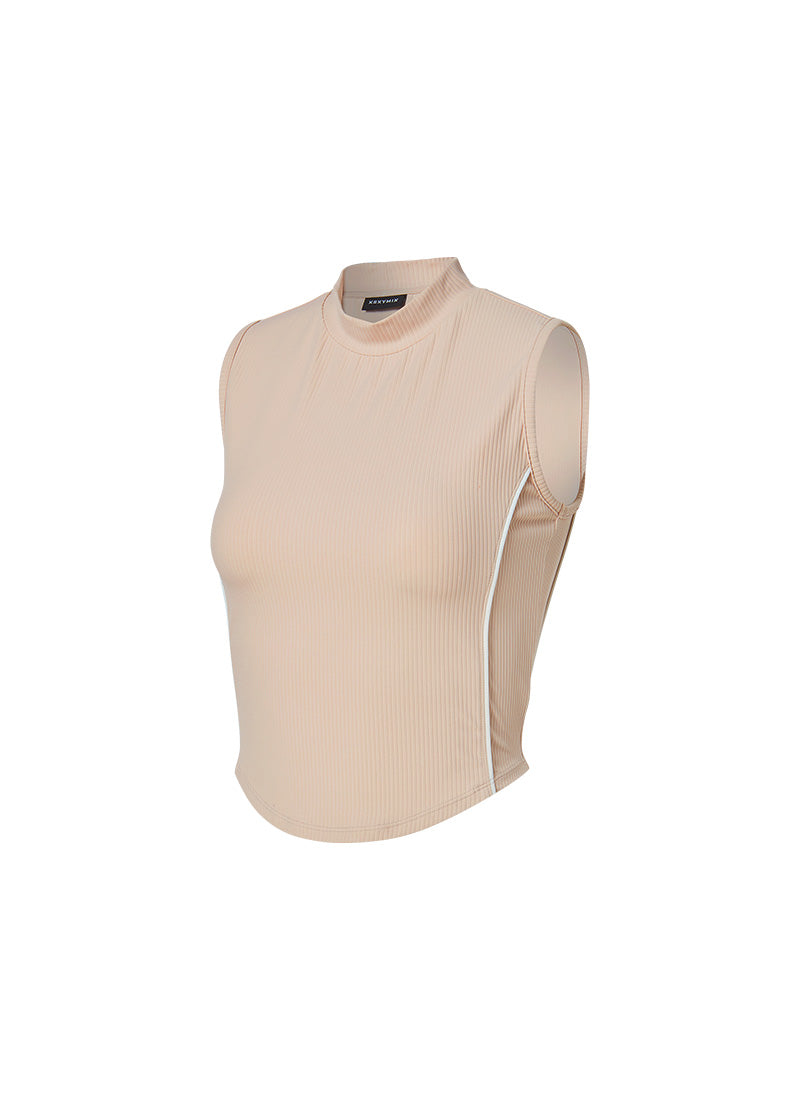 Soft Ribbed Piping Mock Neck Sleeveless