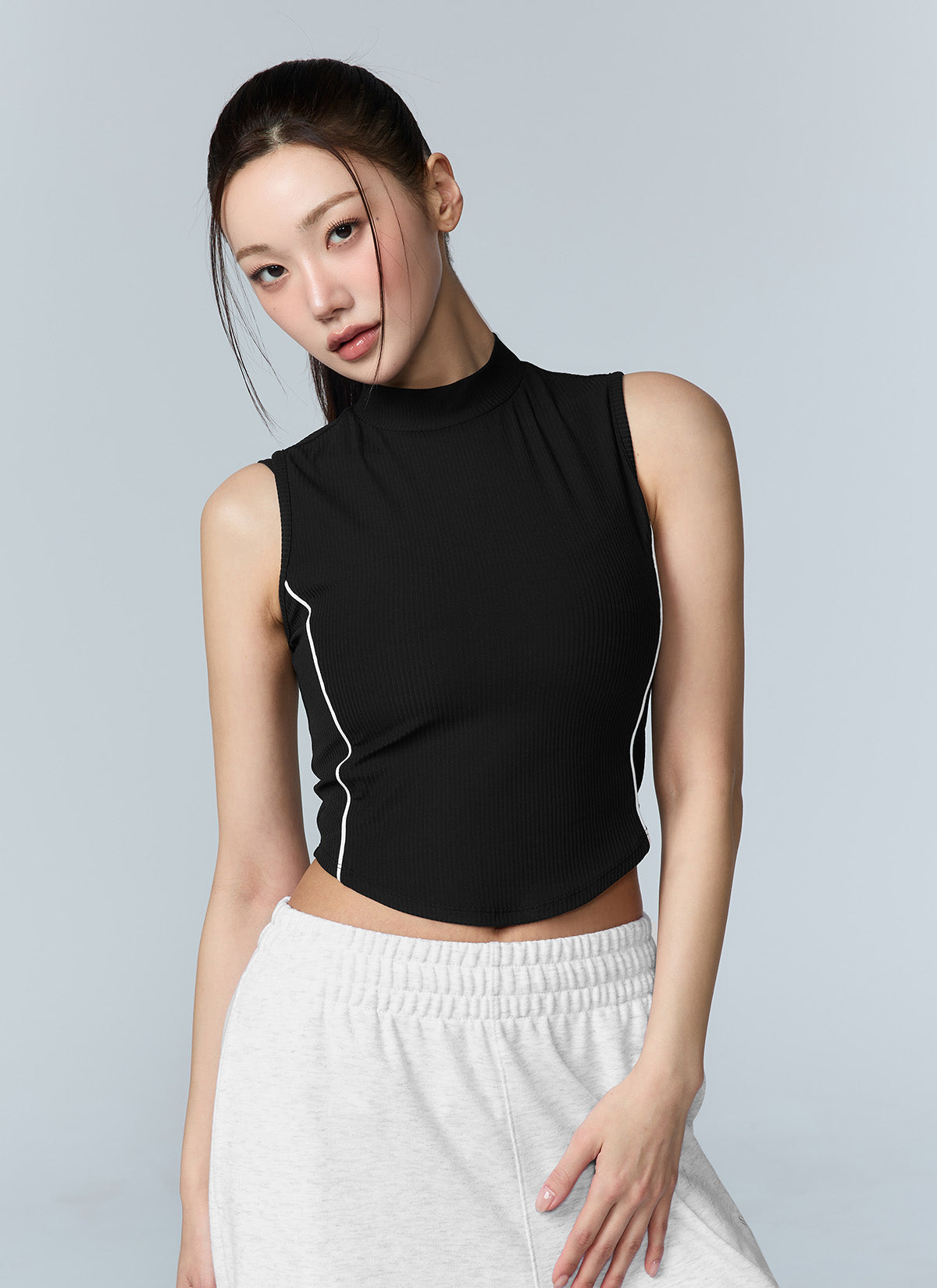 Soft Ribbed Piping Mock Neck Sleeveless