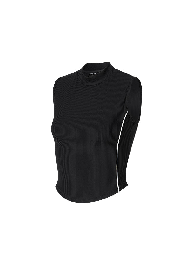 Soft Ribbed Piping Mock Neck Sleeveless