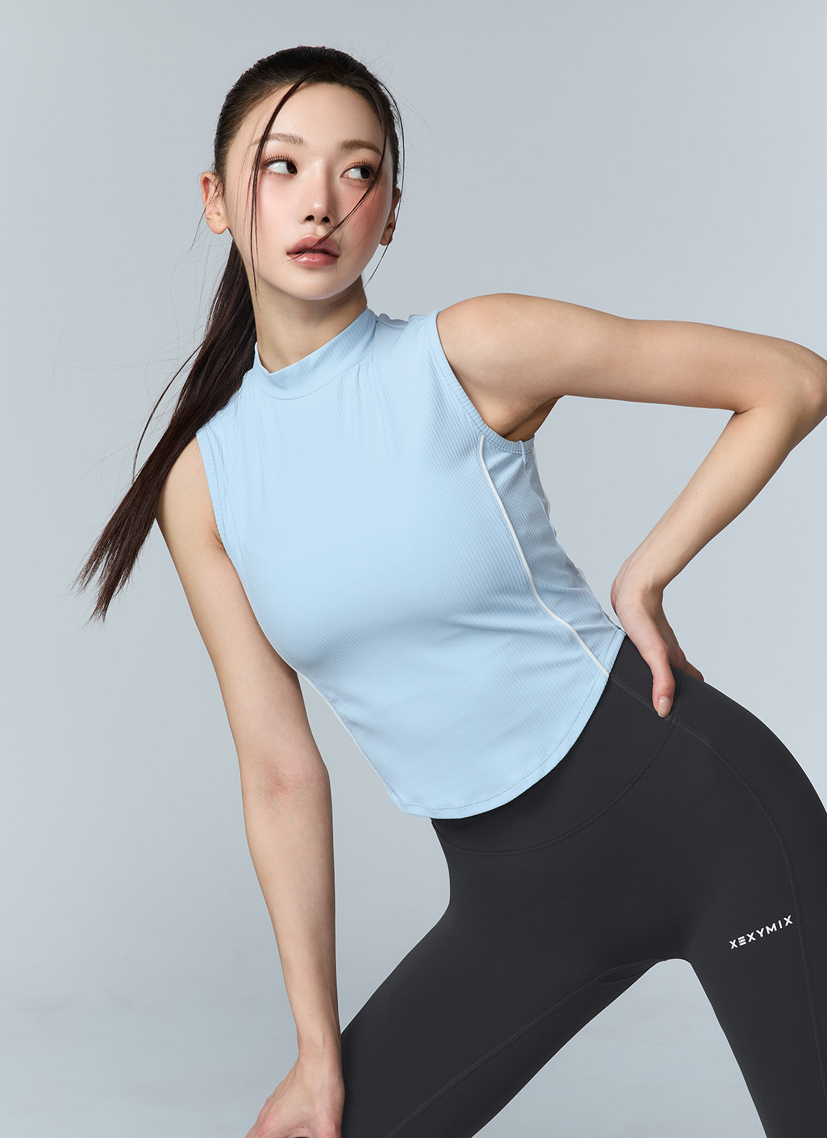 Soft Ribbed Piping Mock Neck Sleeveless