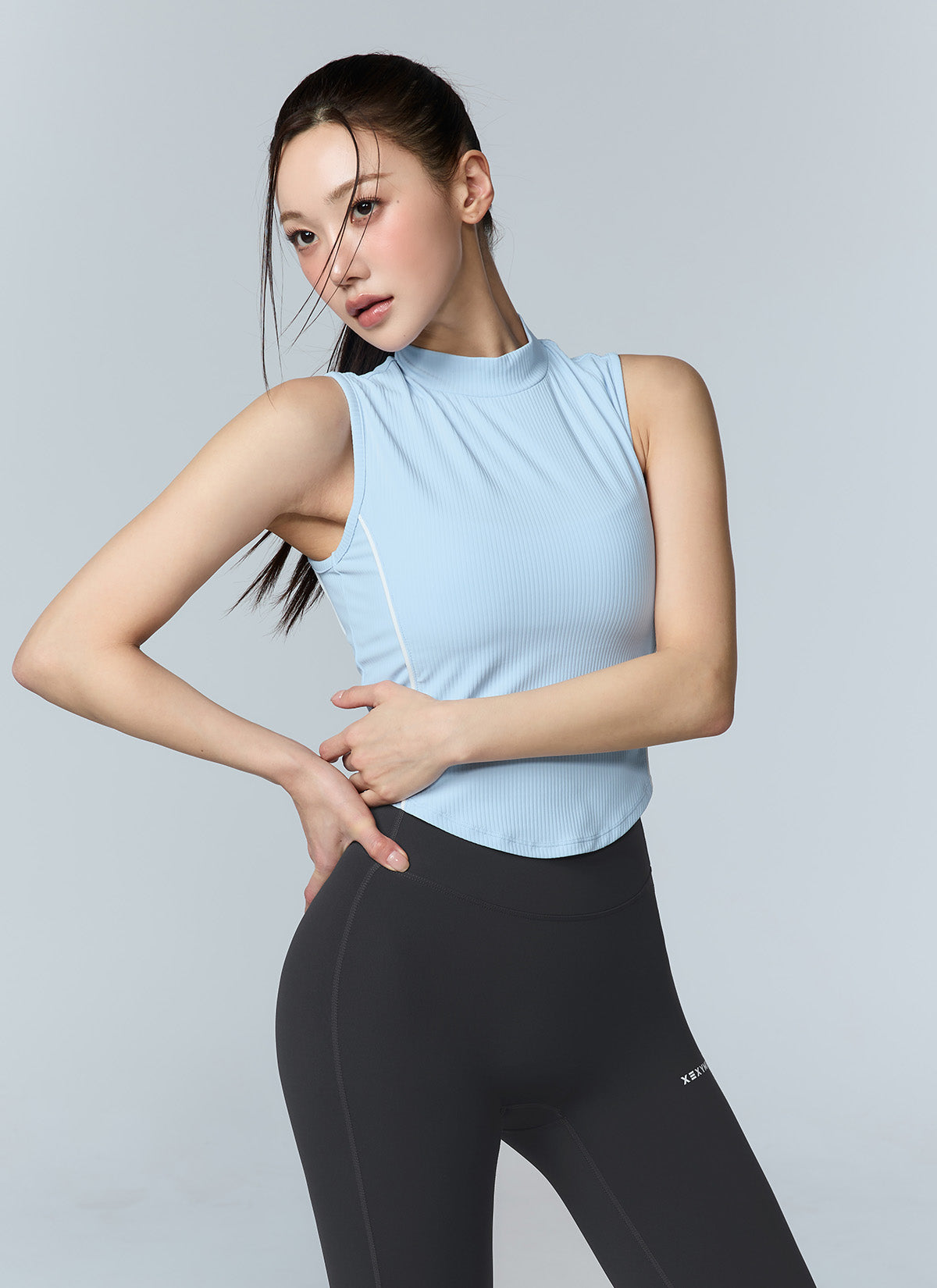 Soft Ribbed Piping Mock Neck Sleeveless