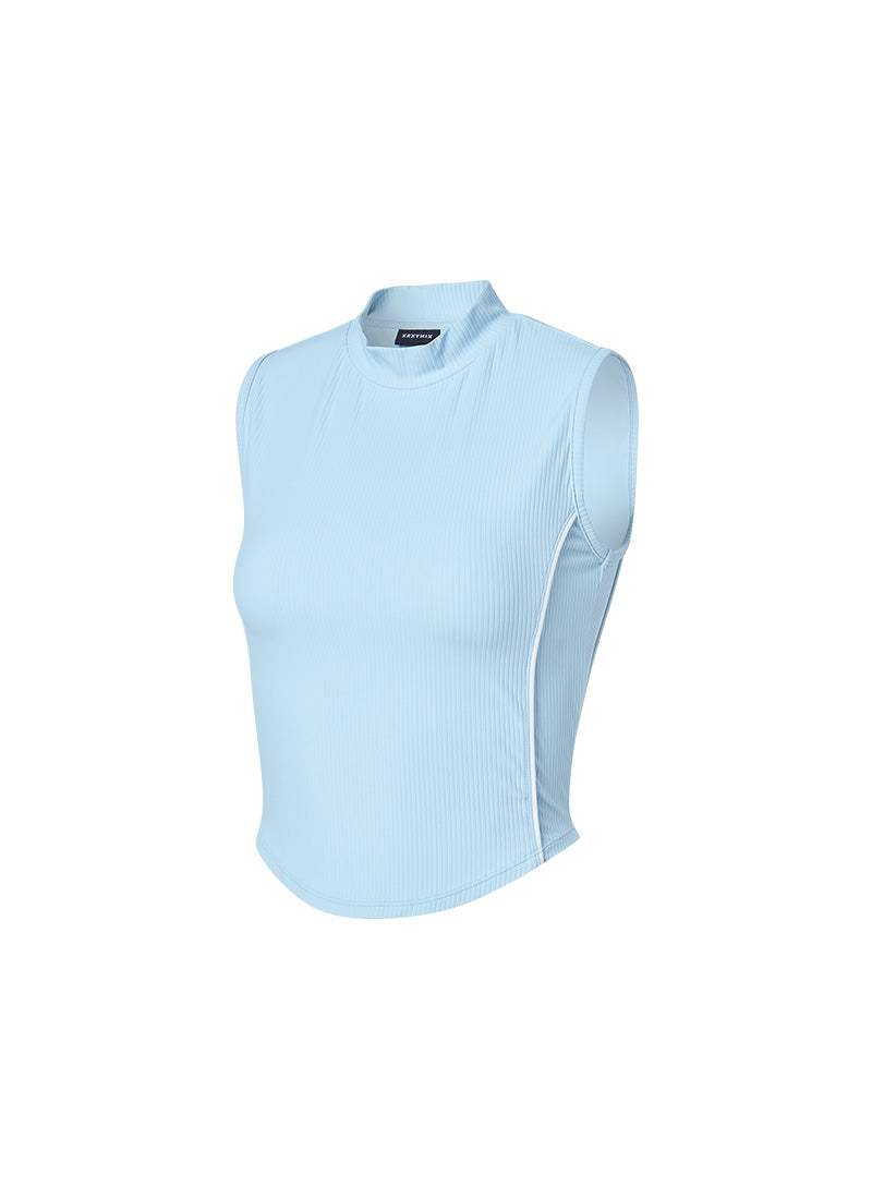 Soft Ribbed Piping Mock Neck Sleeveless