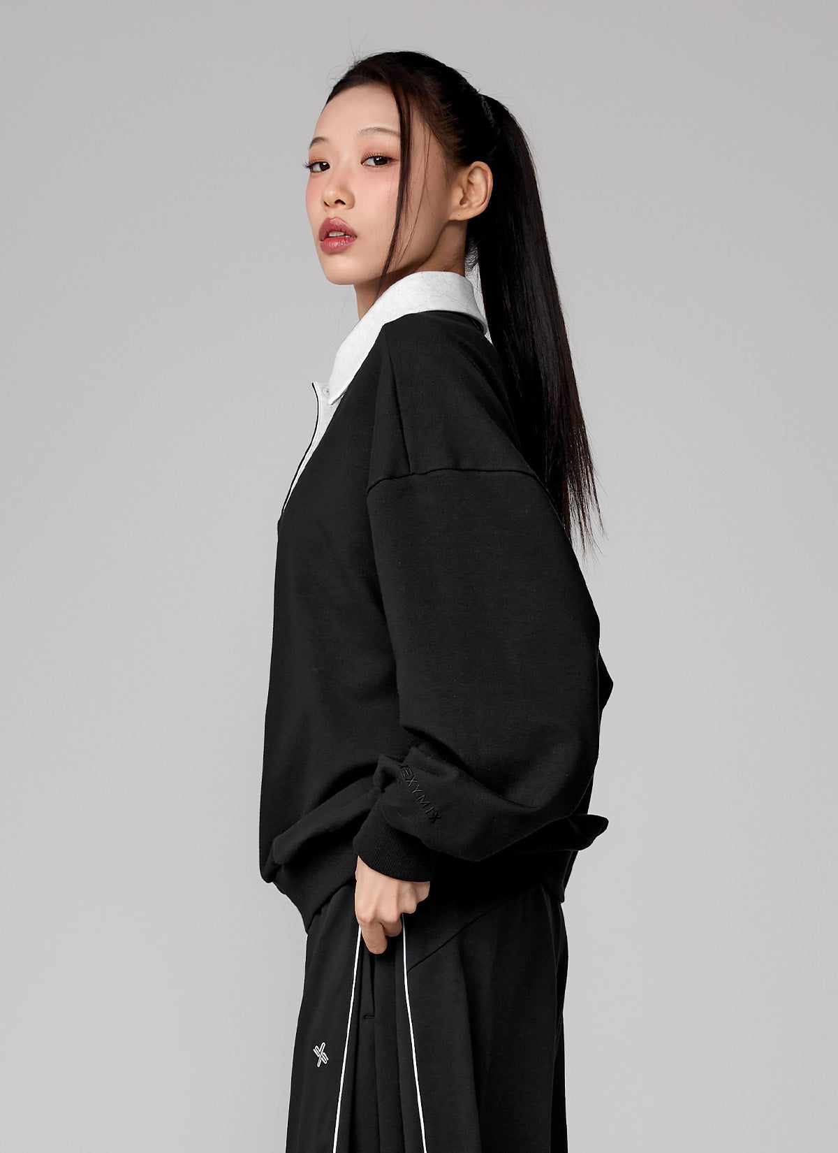 Color Block Collar Loose Fit Sports Sweatshirt
