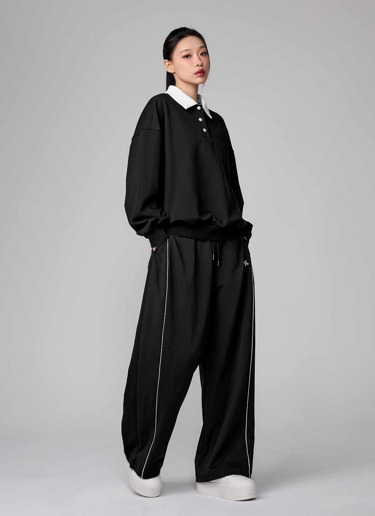 Color Block Collar Loose Fit Sports Sweatshirt