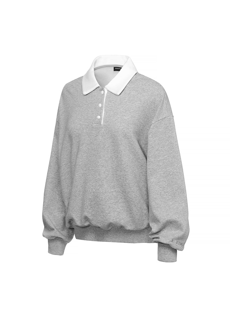 Color Block Collar Loose Fit Sports Sweatshirt