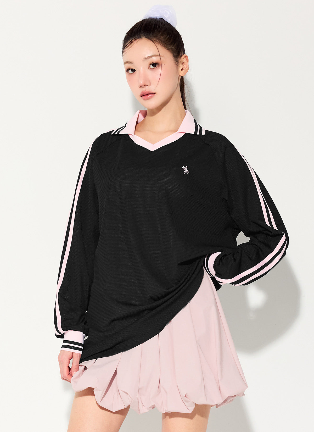 Mesh Trackline Open Collar Long Sleeve