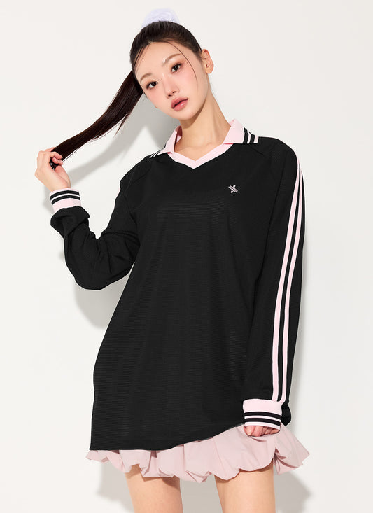 Mesh Trackline Open Collar Long Sleeve