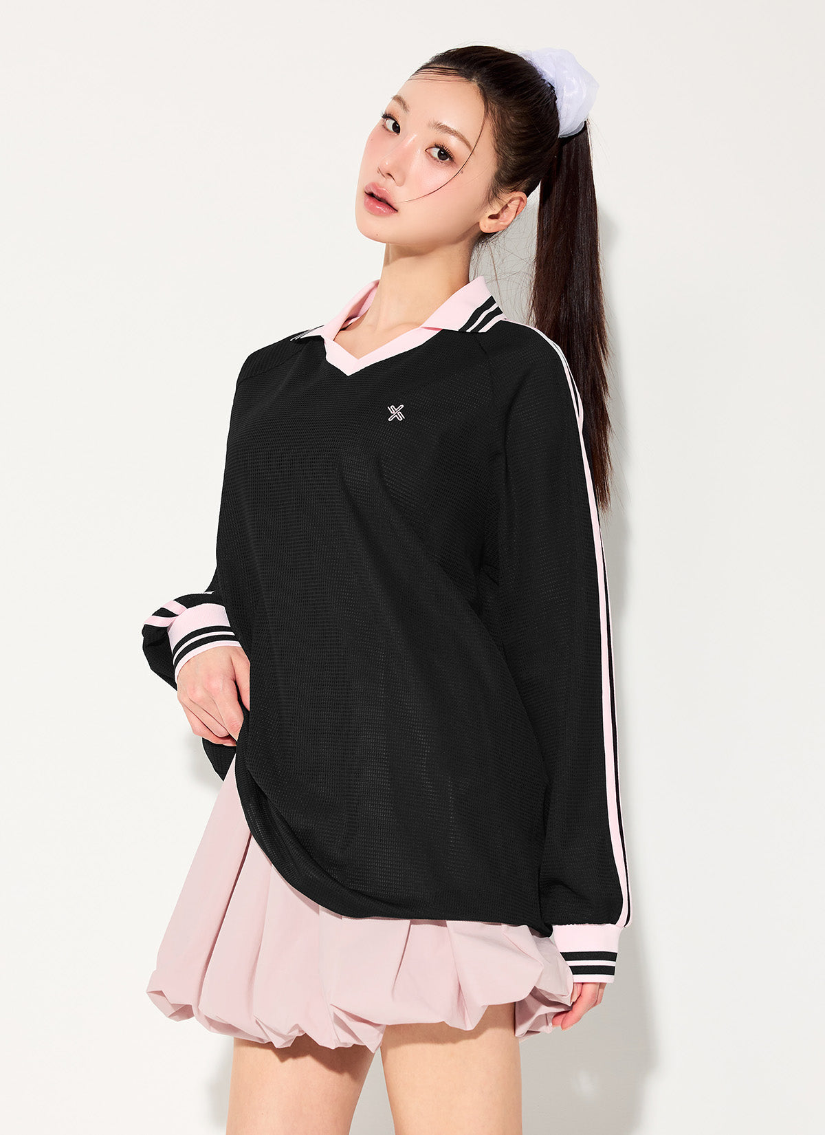 Mesh Trackline Open Collar Long Sleeve