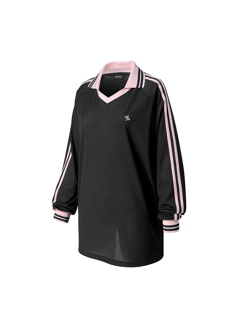 Mesh Trackline Open Collar Long Sleeve