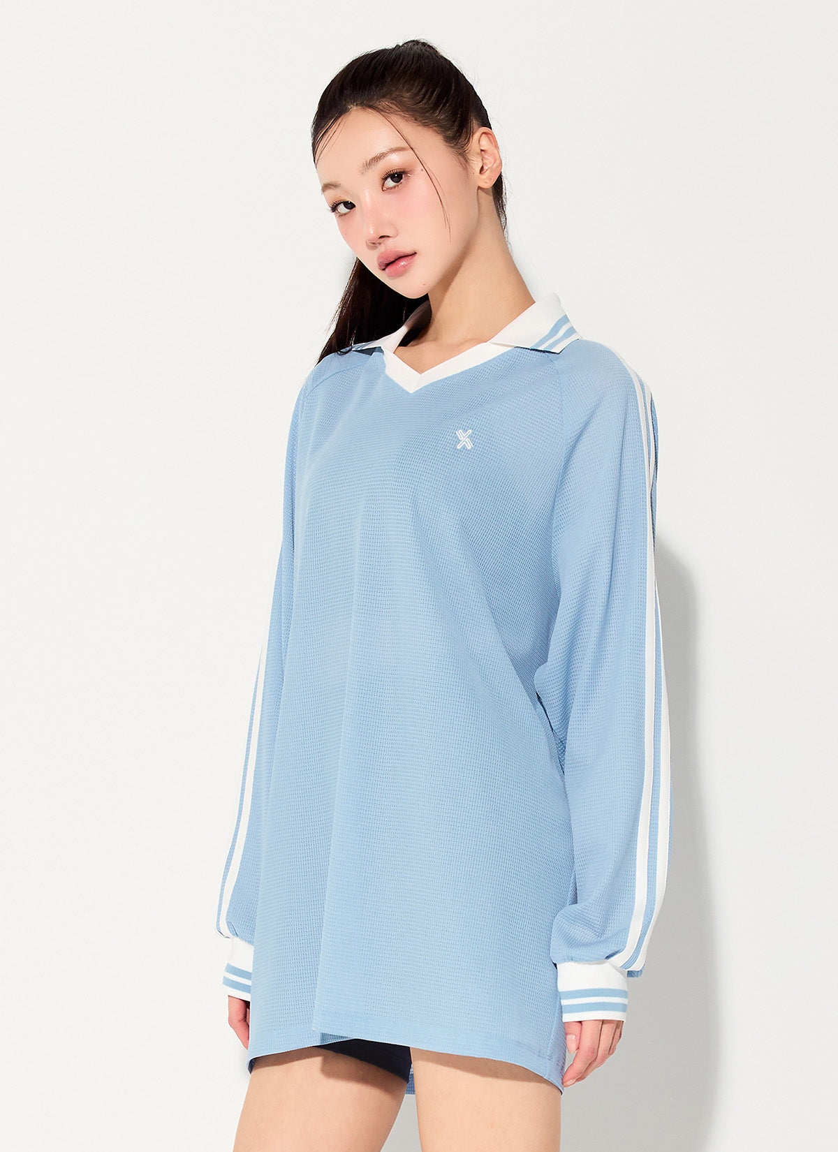 Mesh Trackline Open Collar Long Sleeve