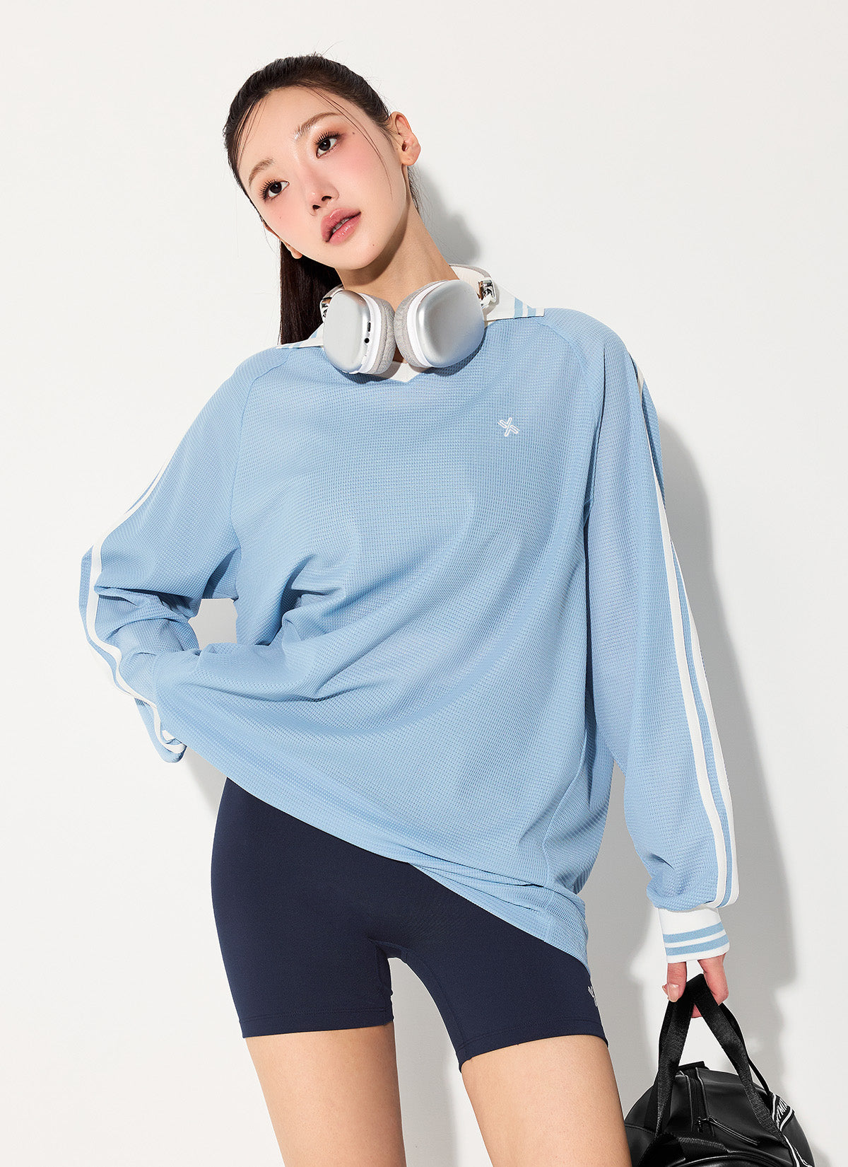 Mesh Trackline Open Collar Long Sleeve