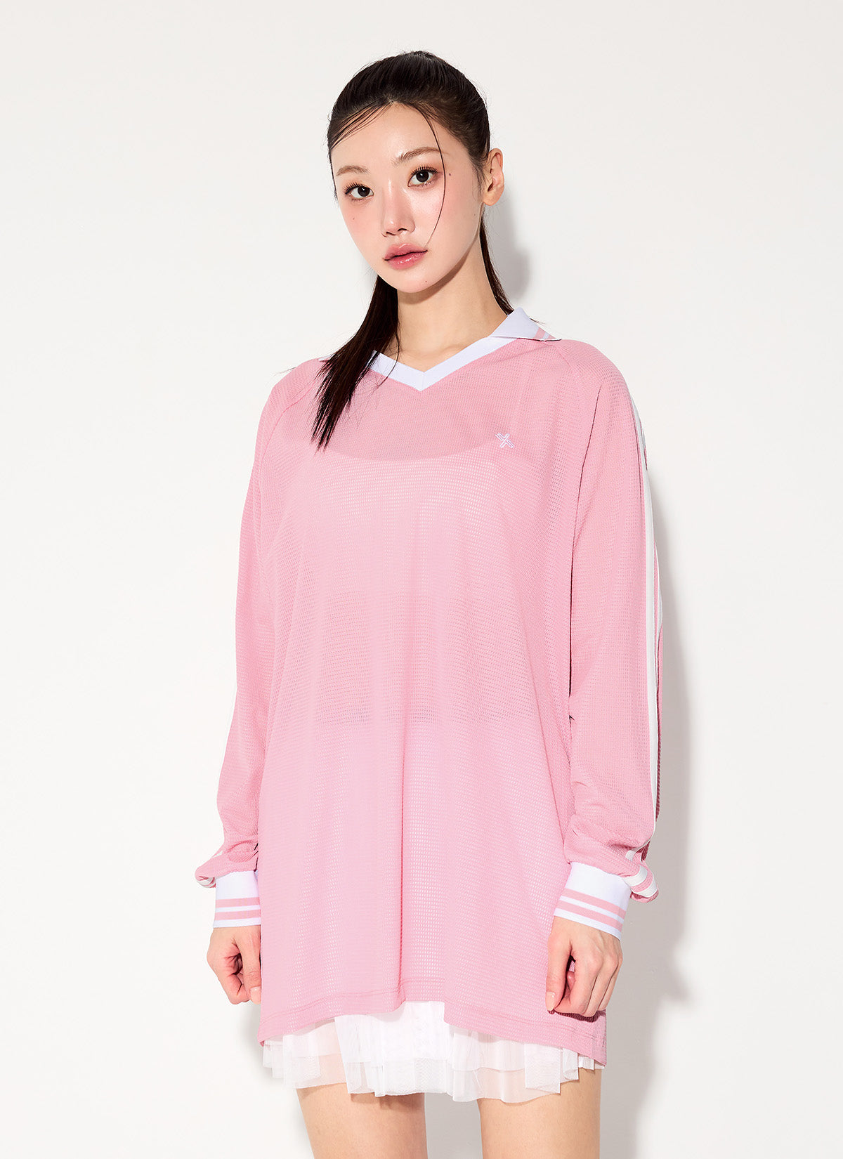 Mesh Trackline Open Collar Long Sleeve