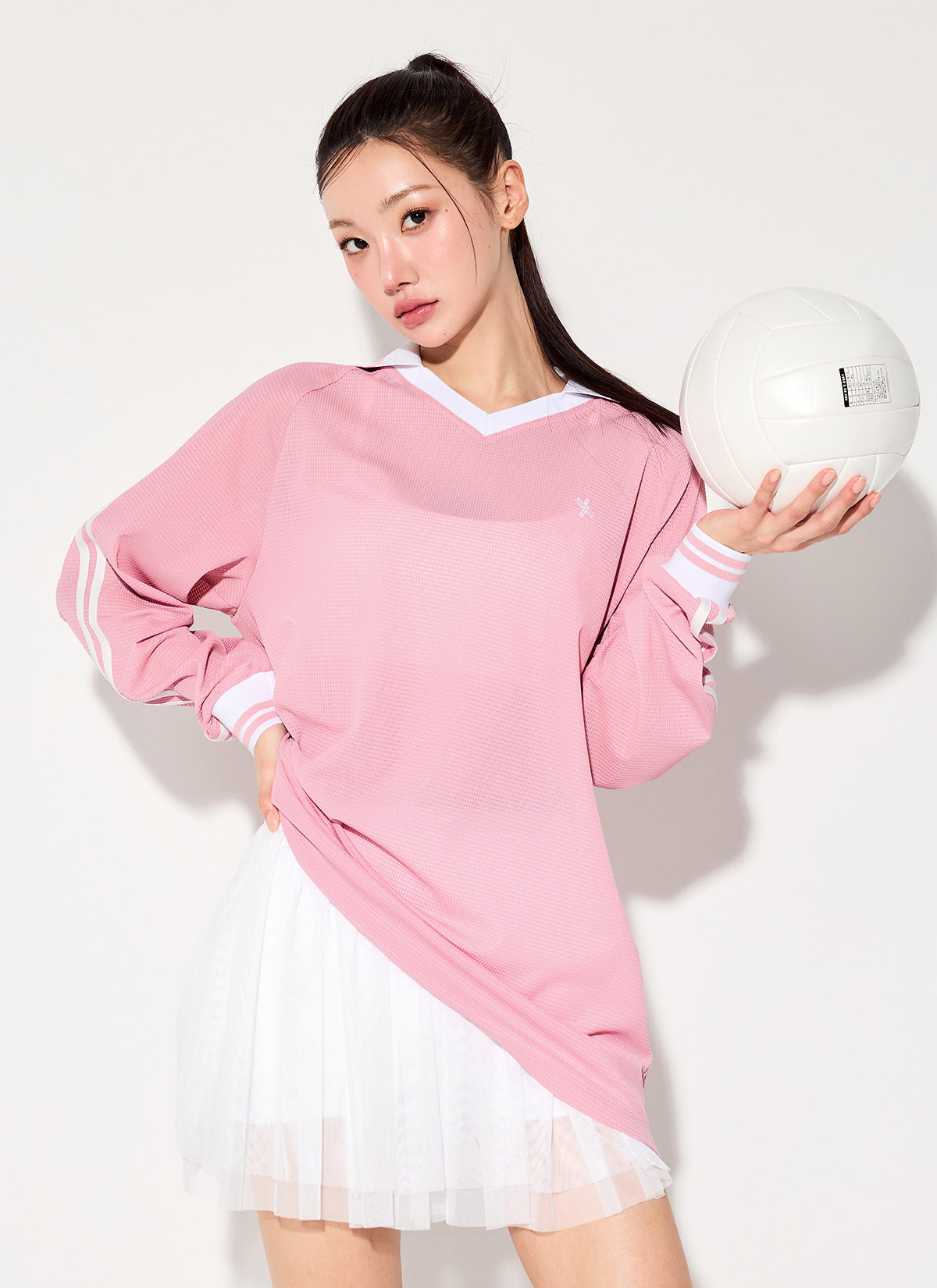 Mesh Trackline Open Collar Long Sleeve