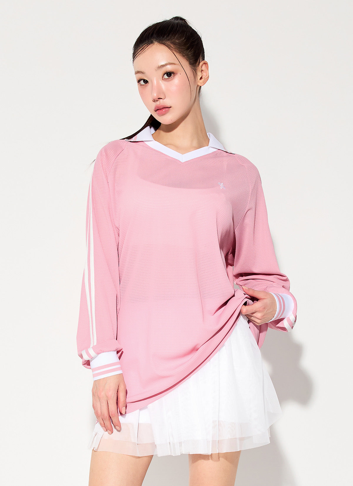 Mesh Trackline Open Collar Long Sleeve
