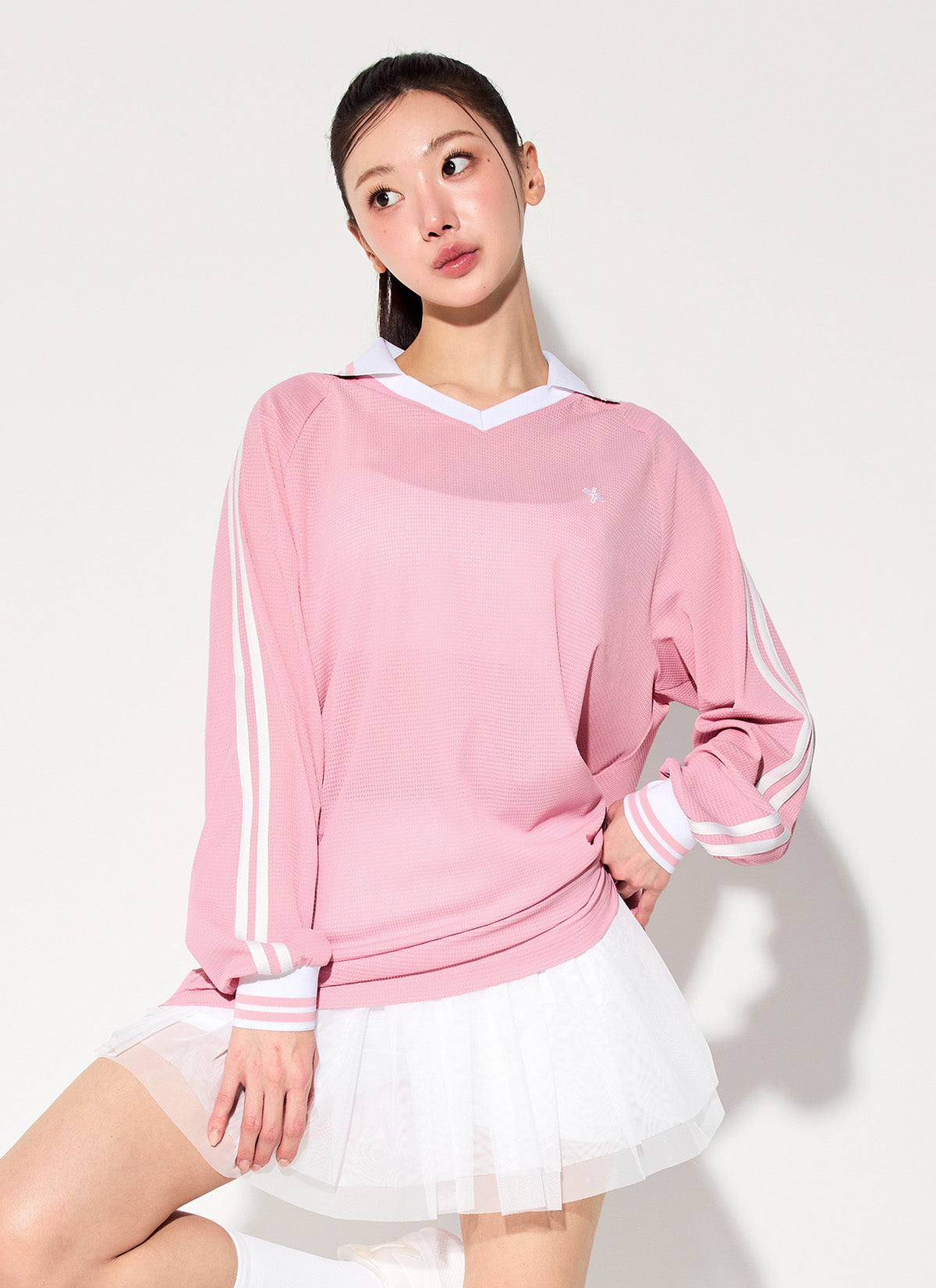 Mesh Trackline Open Collar Long Sleeve