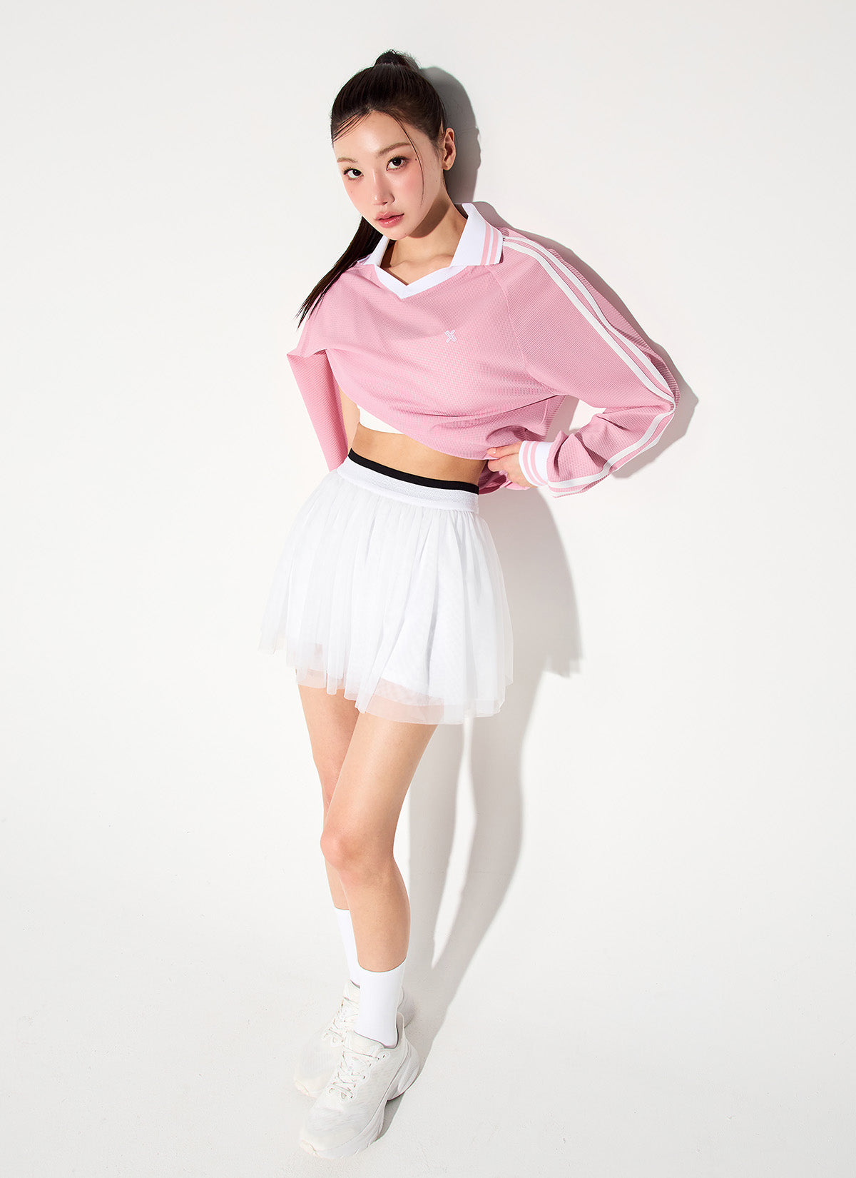 Mesh Trackline Open Collar Long Sleeve