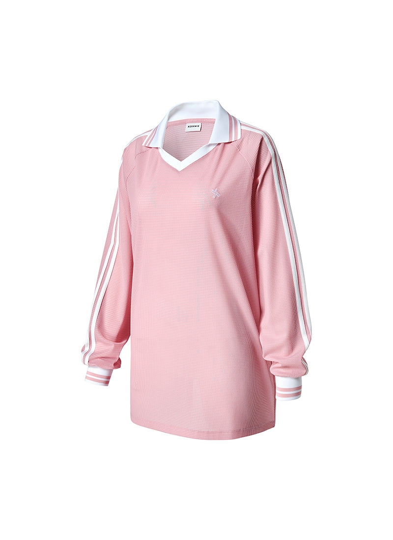 Mesh Trackline Open Collar Long Sleeve