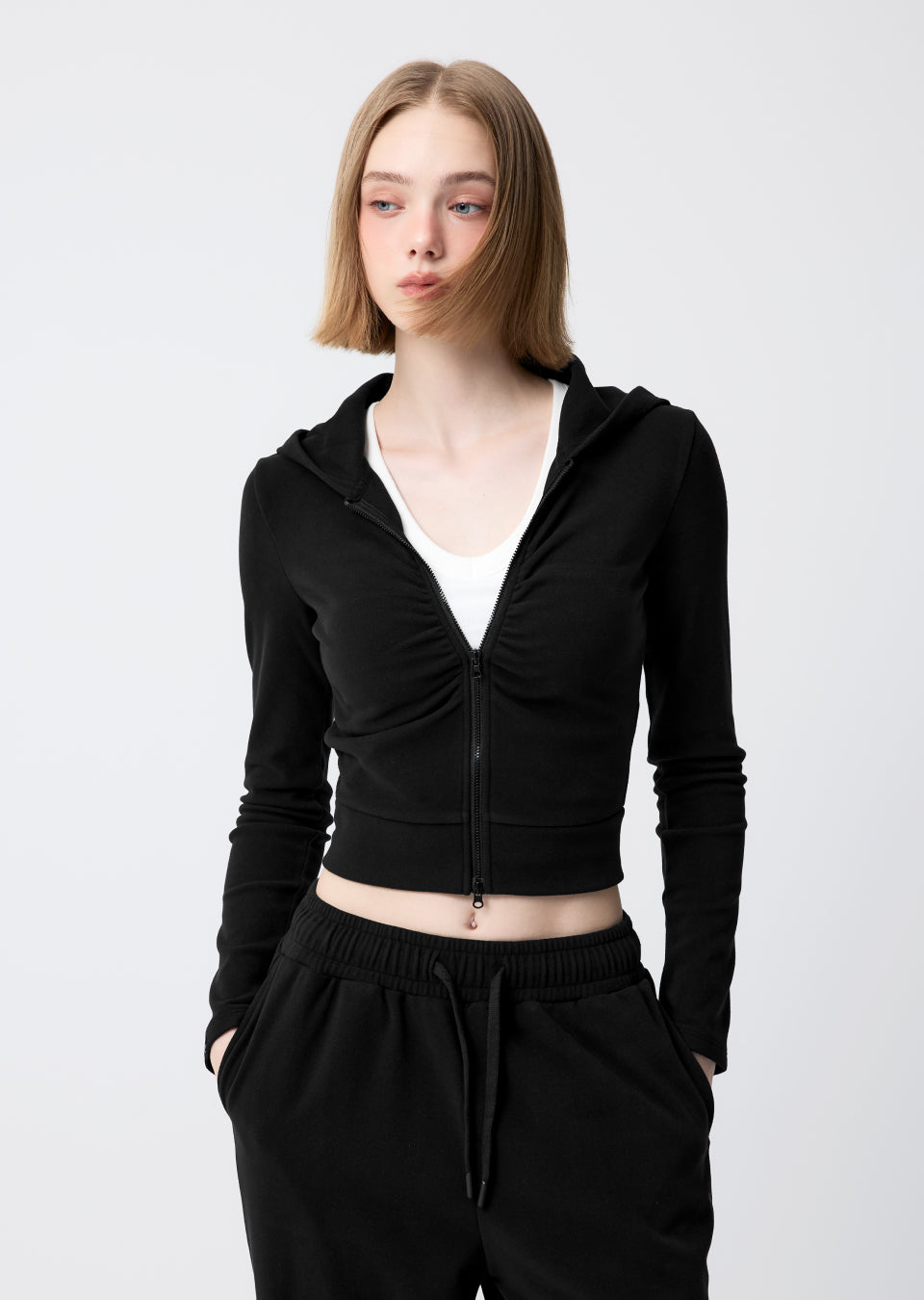 Easy Warm Shirring Two-Way Hood Zip-Up