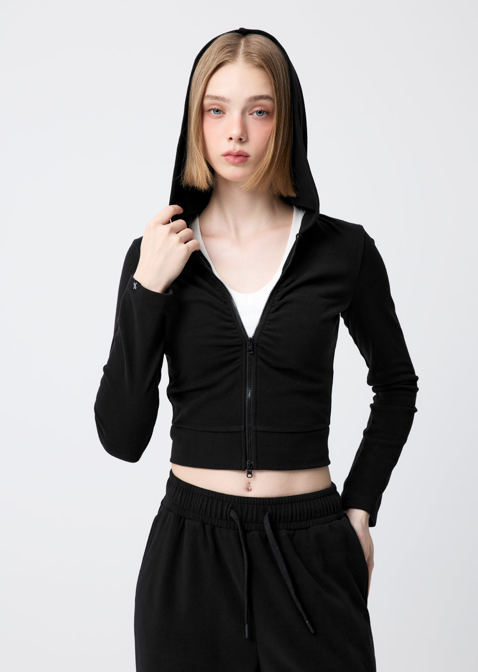 Easy Warm Shirring Two-Way Hood Zip-Up