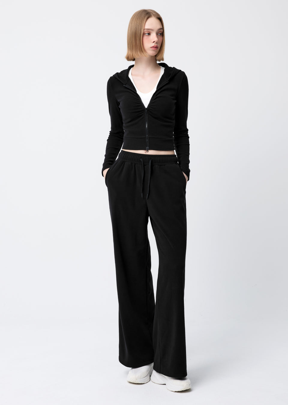Easy Warm Shirring Two-Way Hood Zip-Up