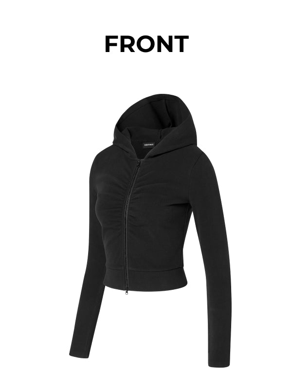 Easy Warm Shirring Two-Way Hood Zip-Up