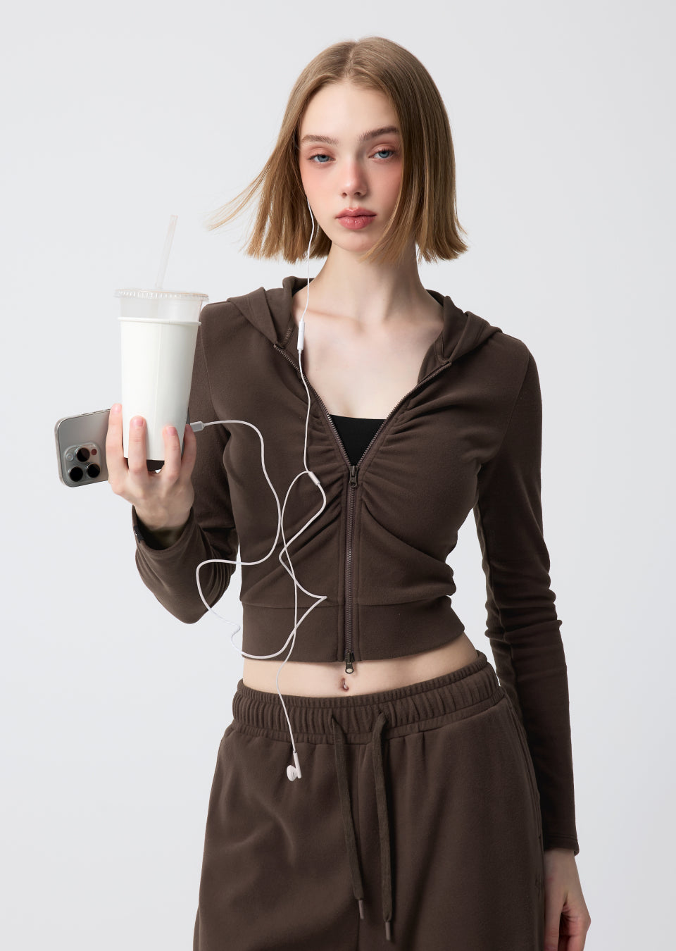Easy Warm Shirring Two-Way Hood Zip-Up