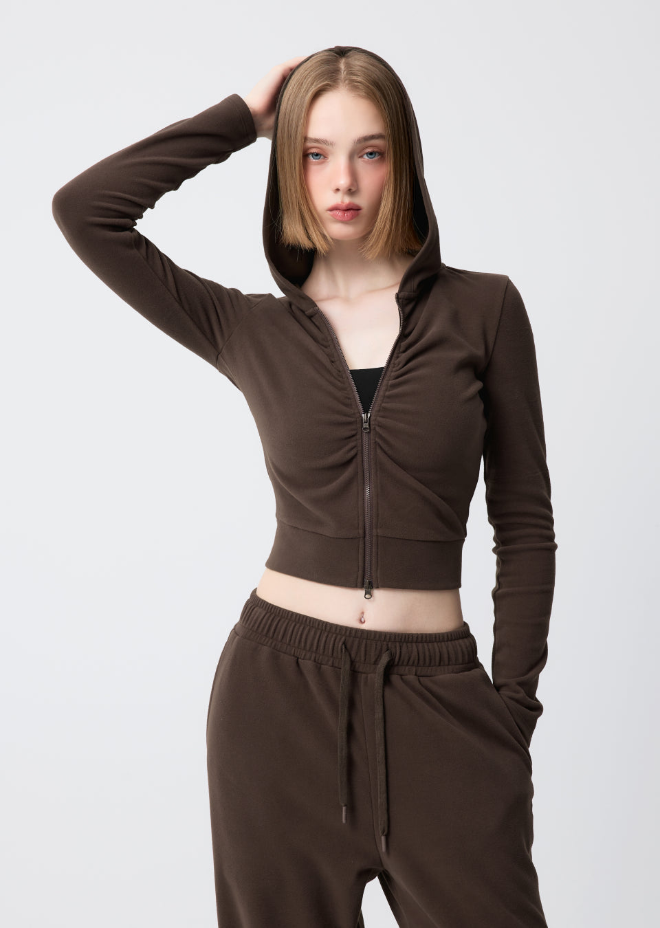 Easy Warm Shirring Two-Way Hood Zip-Up