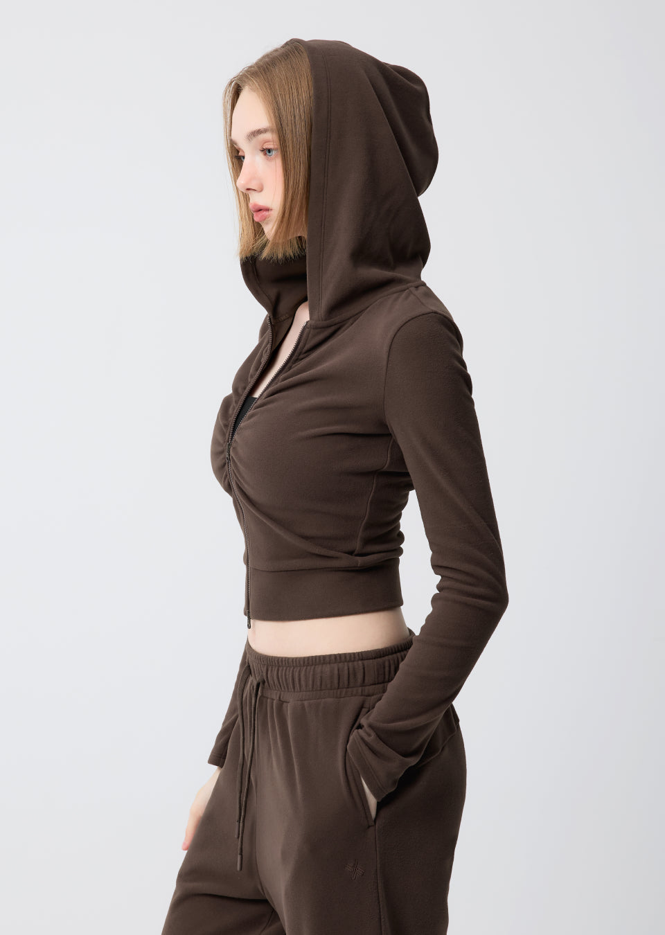 Easy Warm Shirring Two-Way Hood Zip-Up