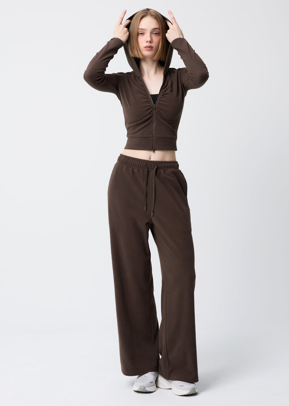 Easy Warm Shirring Two-Way Hood Zip-Up