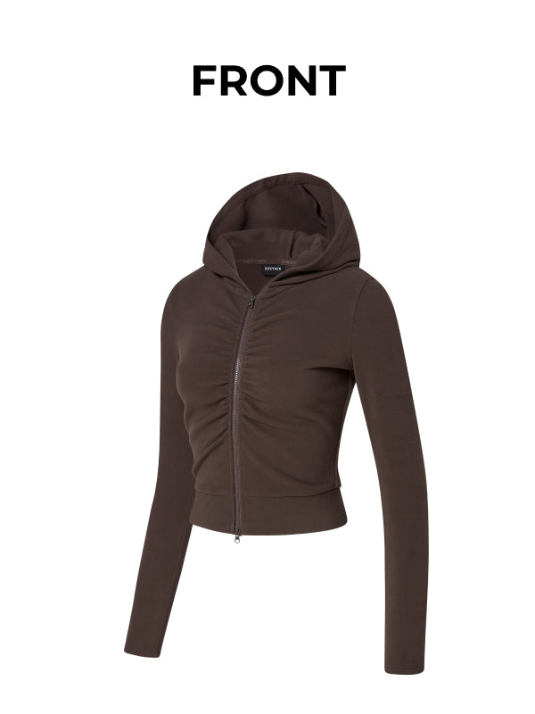 Easy Warm Shirring Two-Way Hood Zip-Up