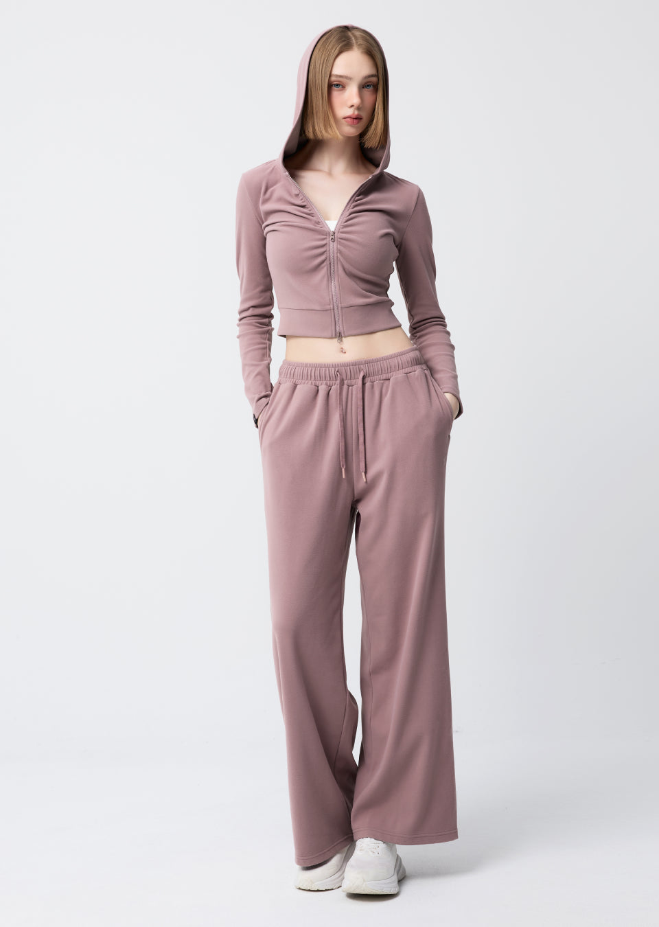 Easy Warm Shirring Two-Way Hood Zip-Up