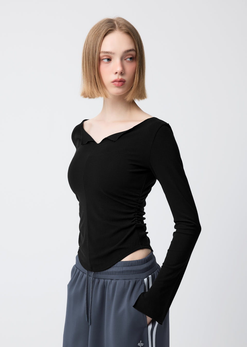 Open Slit Shirring Long Sleeve