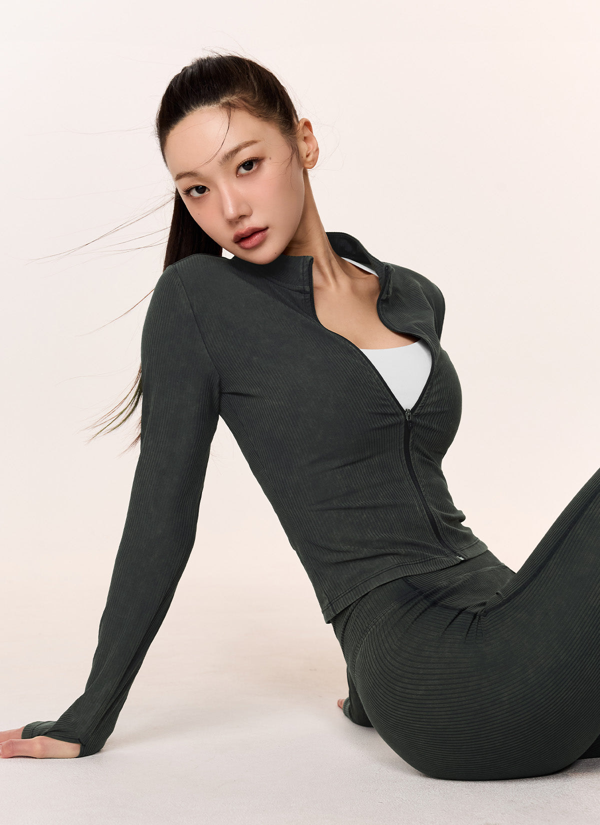 Washing Ribbed Slim Fit Zip-Up Jacket