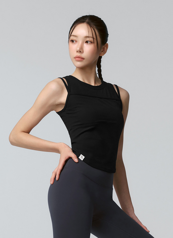 Soft Ribbed Layered Tank Top in Black