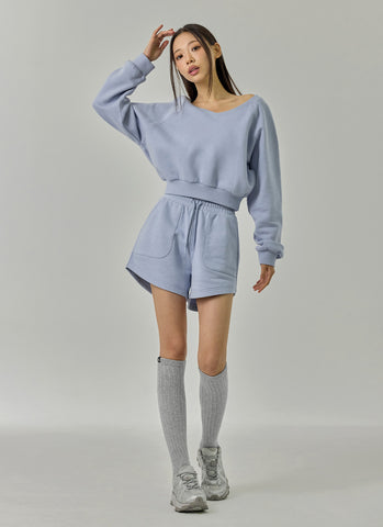 Softly Napping V-neck Crop Swear Shirts