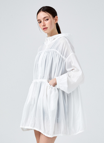 Airy Balloon Shirring Hooded Long Jacket