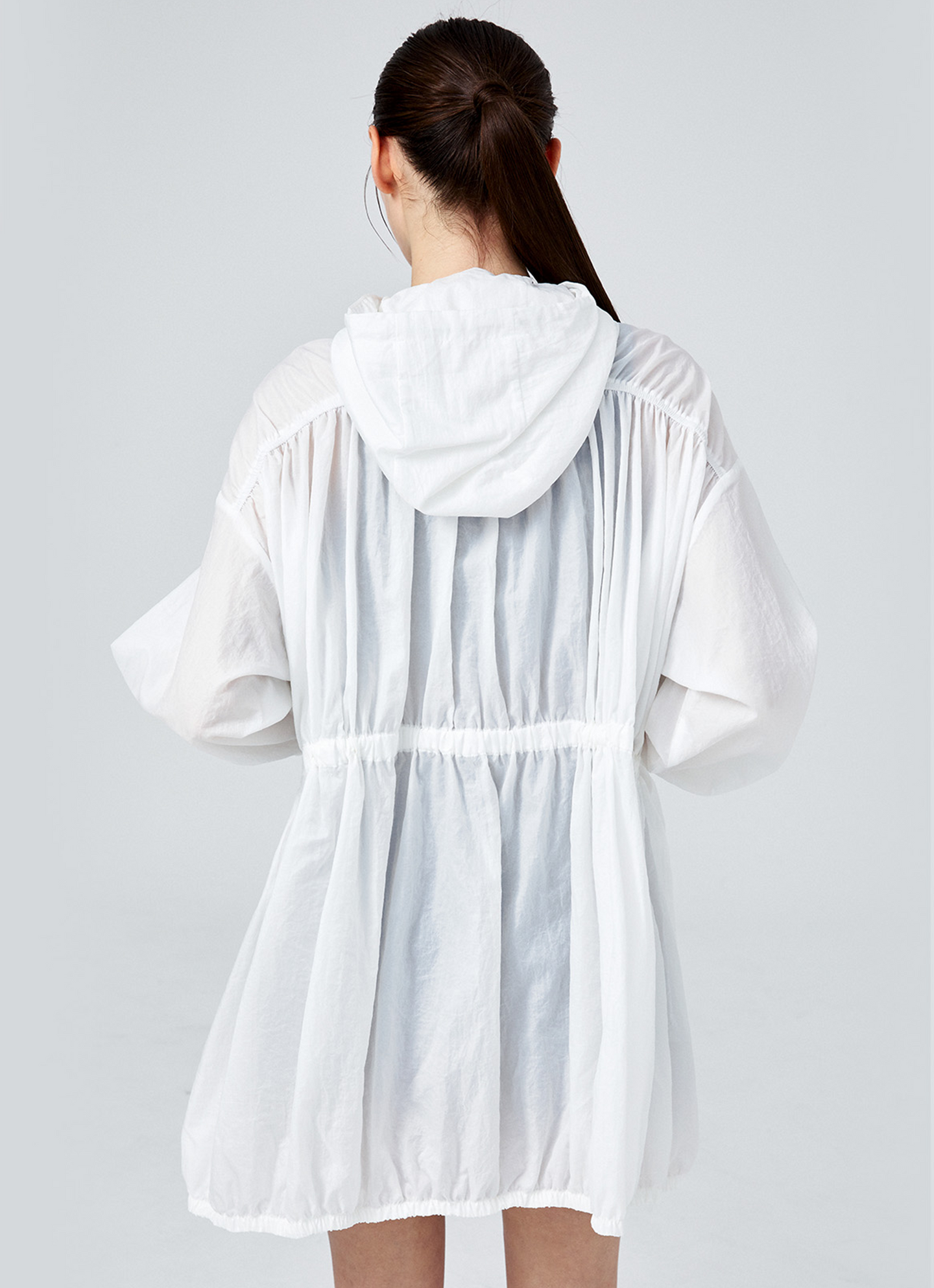 Airy Balloon Shirring Hooded Long Jacket