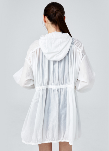 Airy Balloon Shirring Hooded Long Jacket