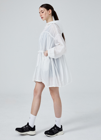 Airy Balloon Shirring Hooded Long Jacket