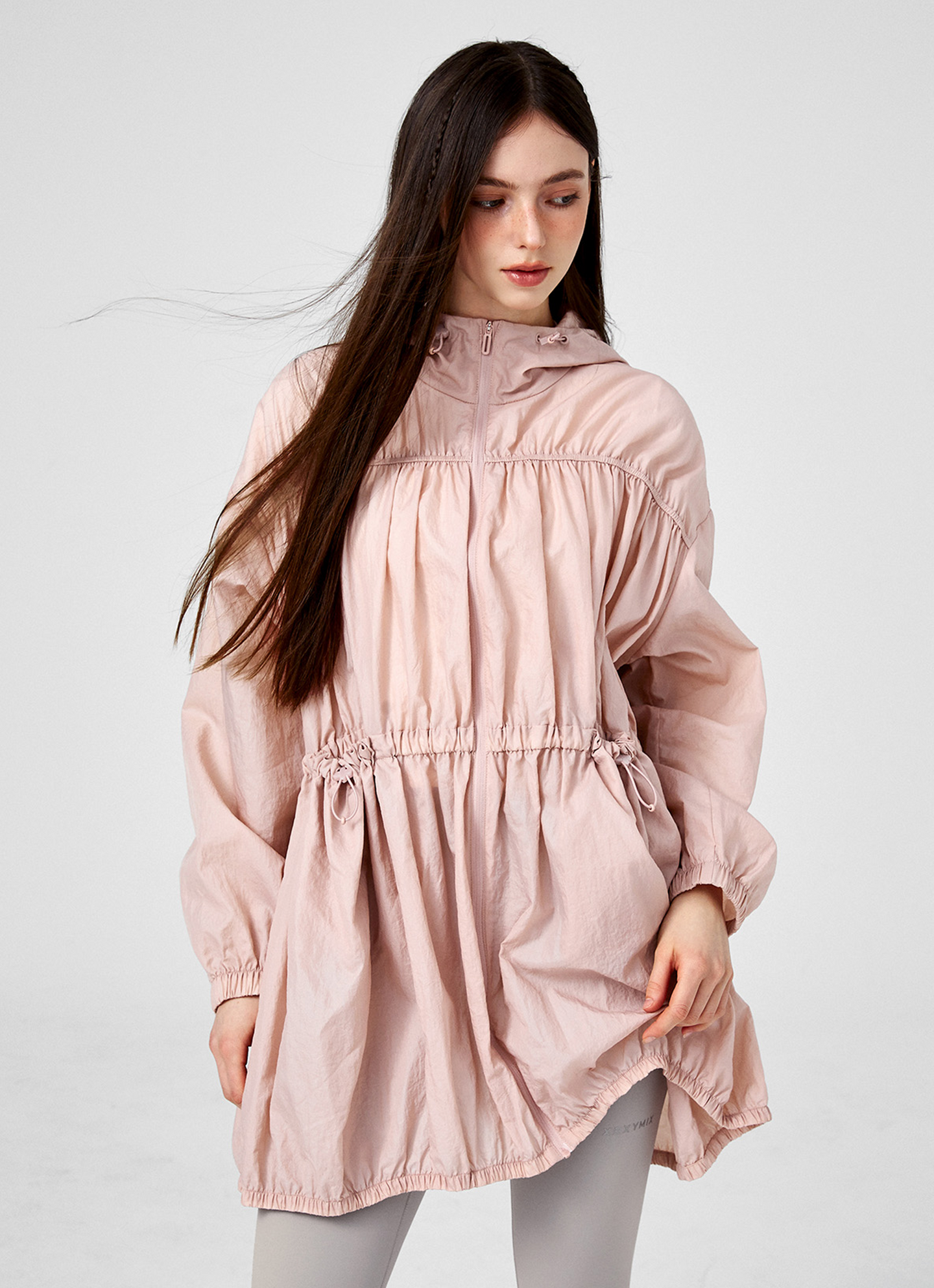 Airy Balloon Shirring Hooded Long Jacket