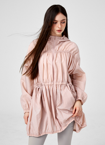 Airy Balloon Shirring Hooded Long Jacket