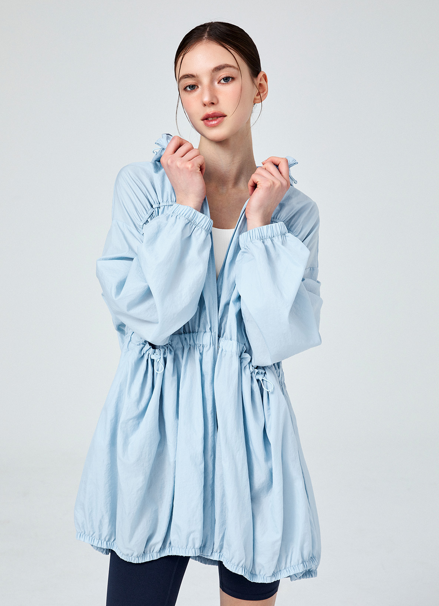 Airy Balloon Shirring Hooded Long Jacket