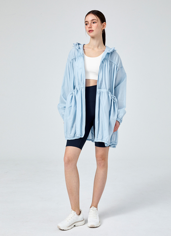 Airy Balloon Shirring Hooded Long Jacket