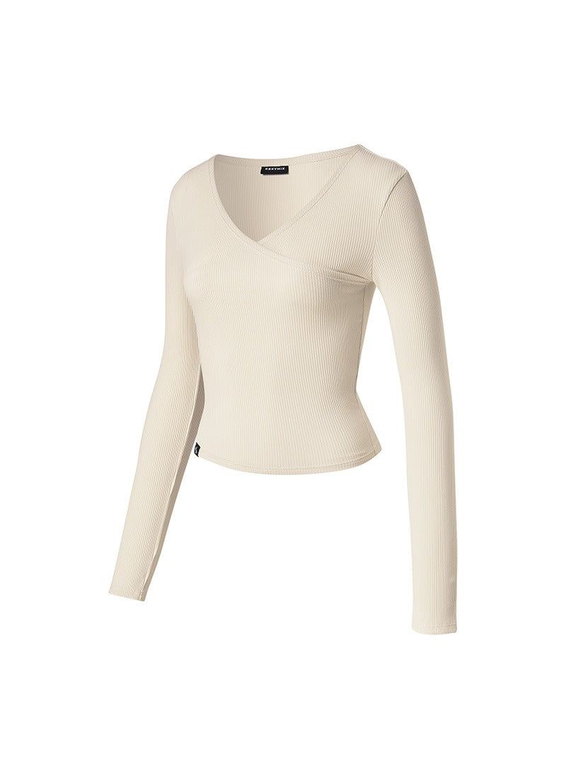 Ribbed Wrap V-Neck Long Sleeve