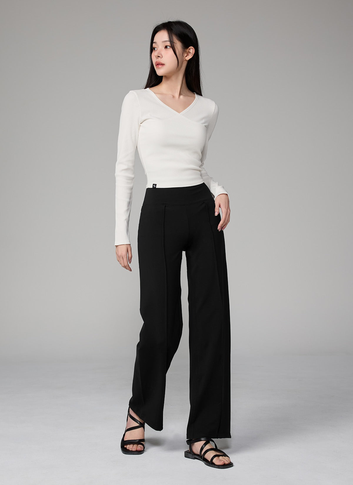 Ribbed Wrap V-Neck Long Sleeve