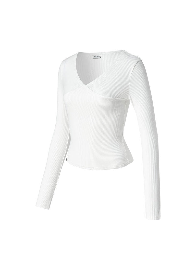 Ribbed Wrap V-Neck Long Sleeve