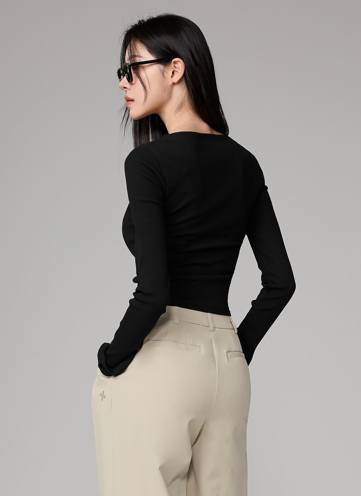 Ribbed Wrap V-Neck Long Sleeve
