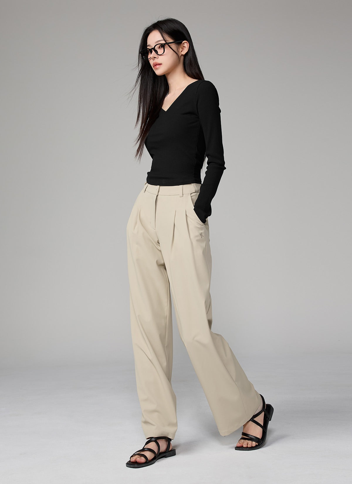 Ribbed Wrap V-Neck Long Sleeve