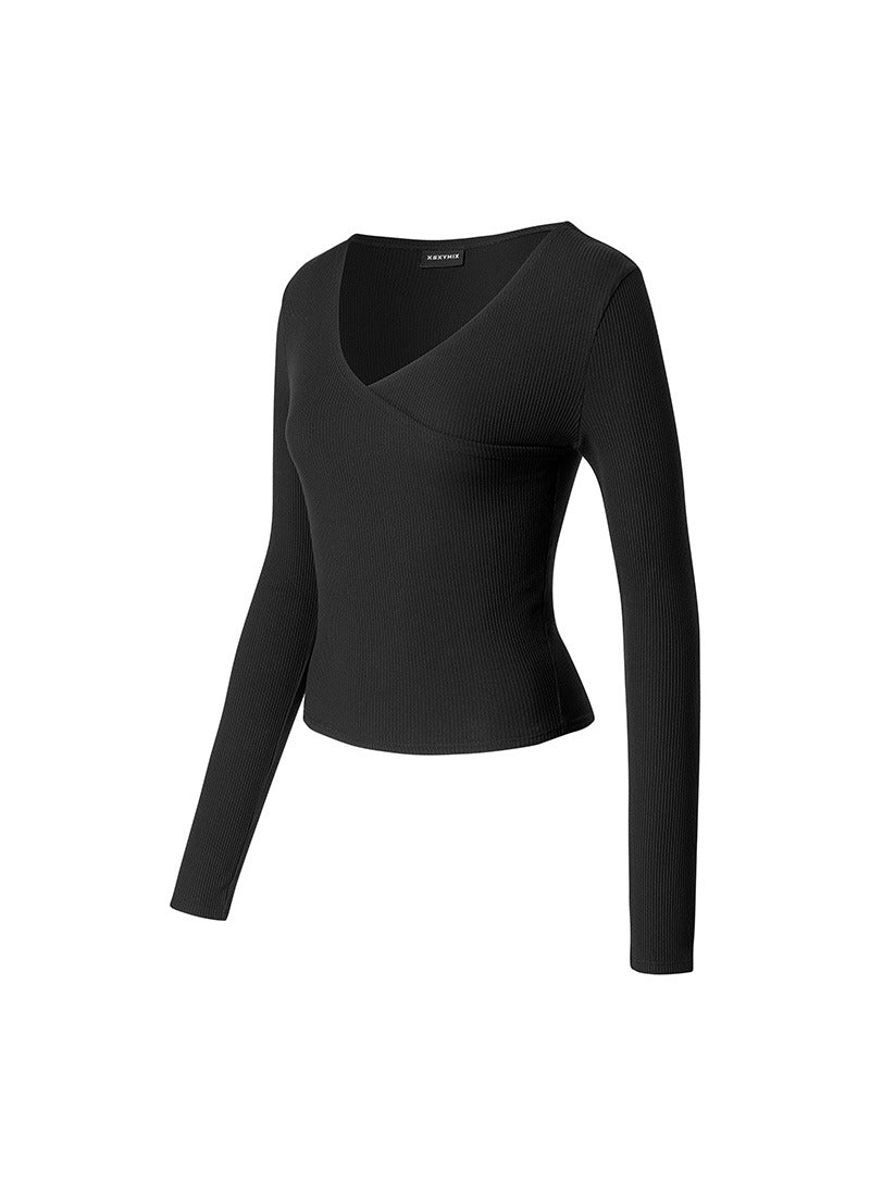 Ribbed Wrap V-Neck Long Sleeve